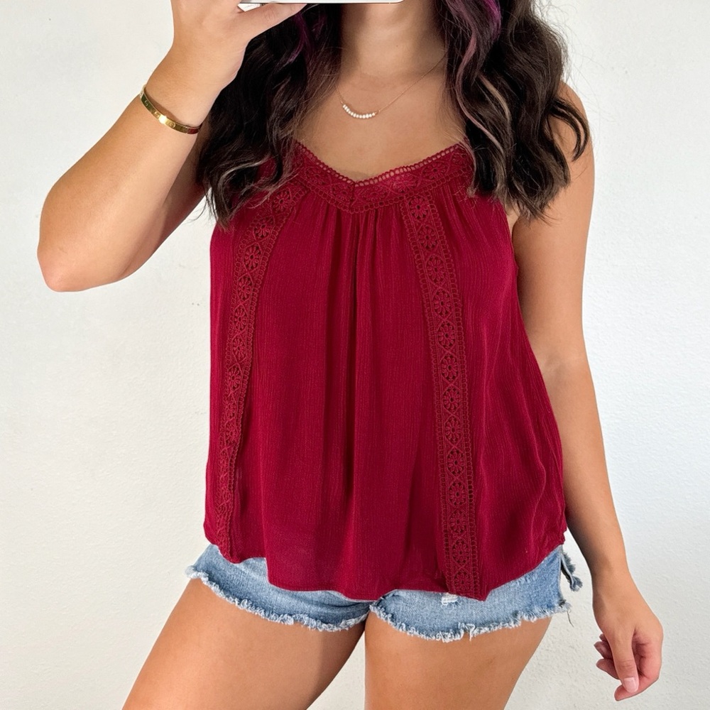 Red crochet detailed flowy tank top